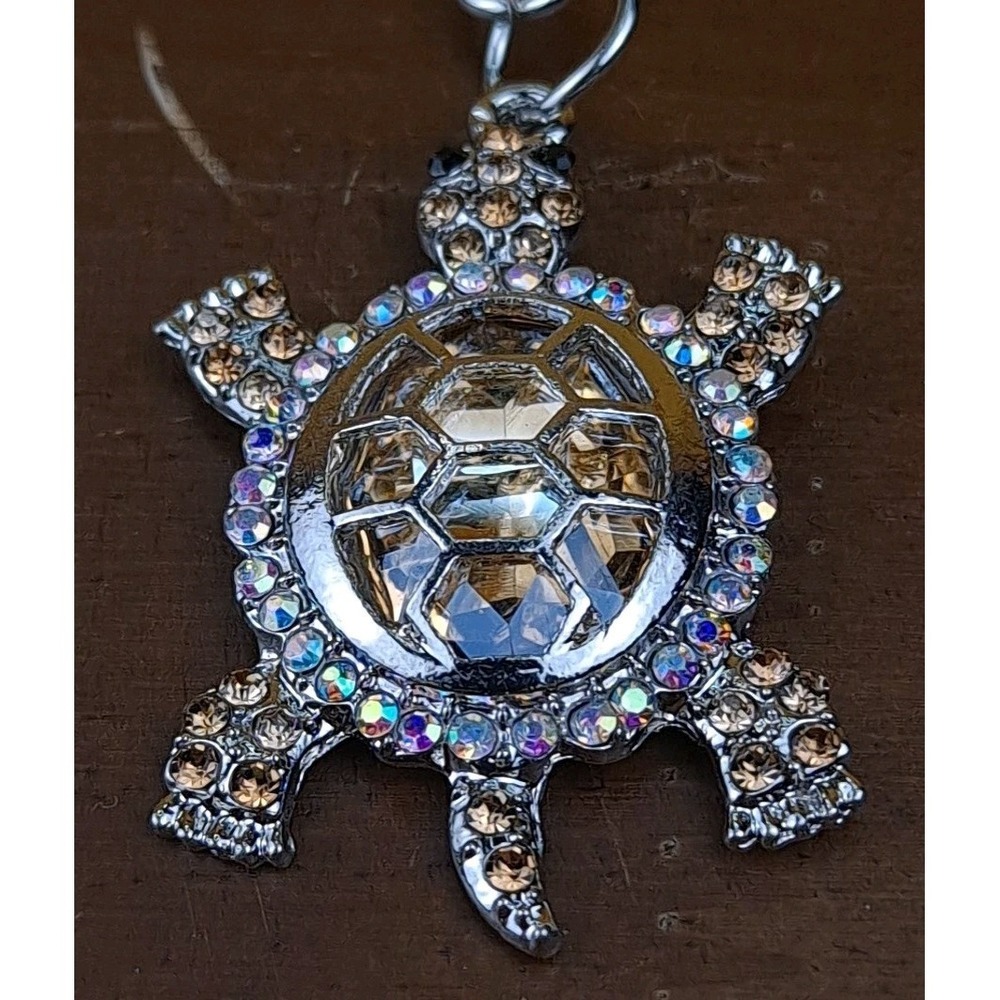 Turtle Gold Rhinestone Crystal Silver Tone Keychain Backpack Purse Clip - Picture 2 of 6